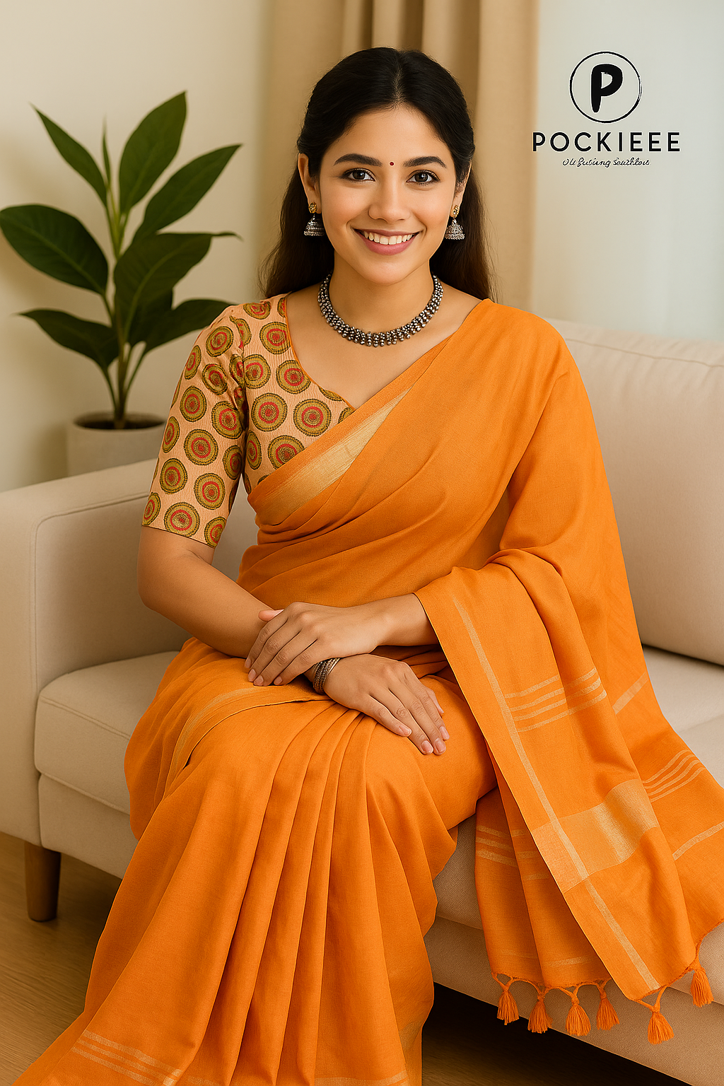 Plain Cotton Linen Saree with Blouse Piece